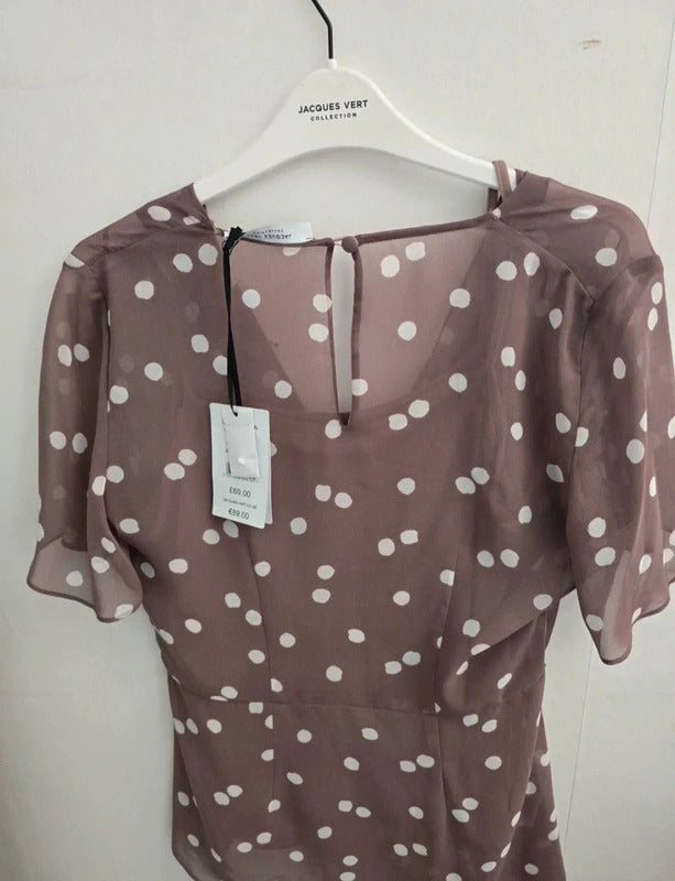 Jacques Vert Brown & White Polka Dot Chiffon Occasion Top Size 8 BNWT
