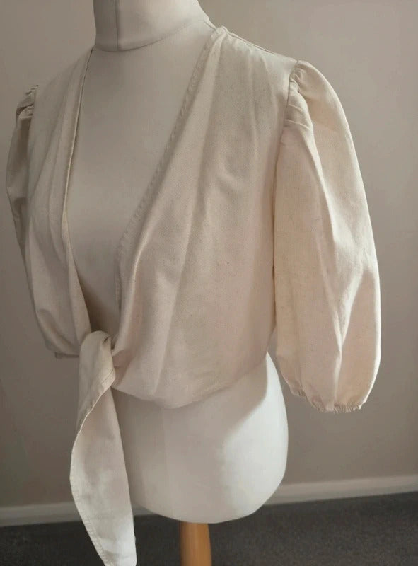Pretty Lavish Cream Linen Cotton Tie Front Puff Sleeve Kimono Jacket Size 10