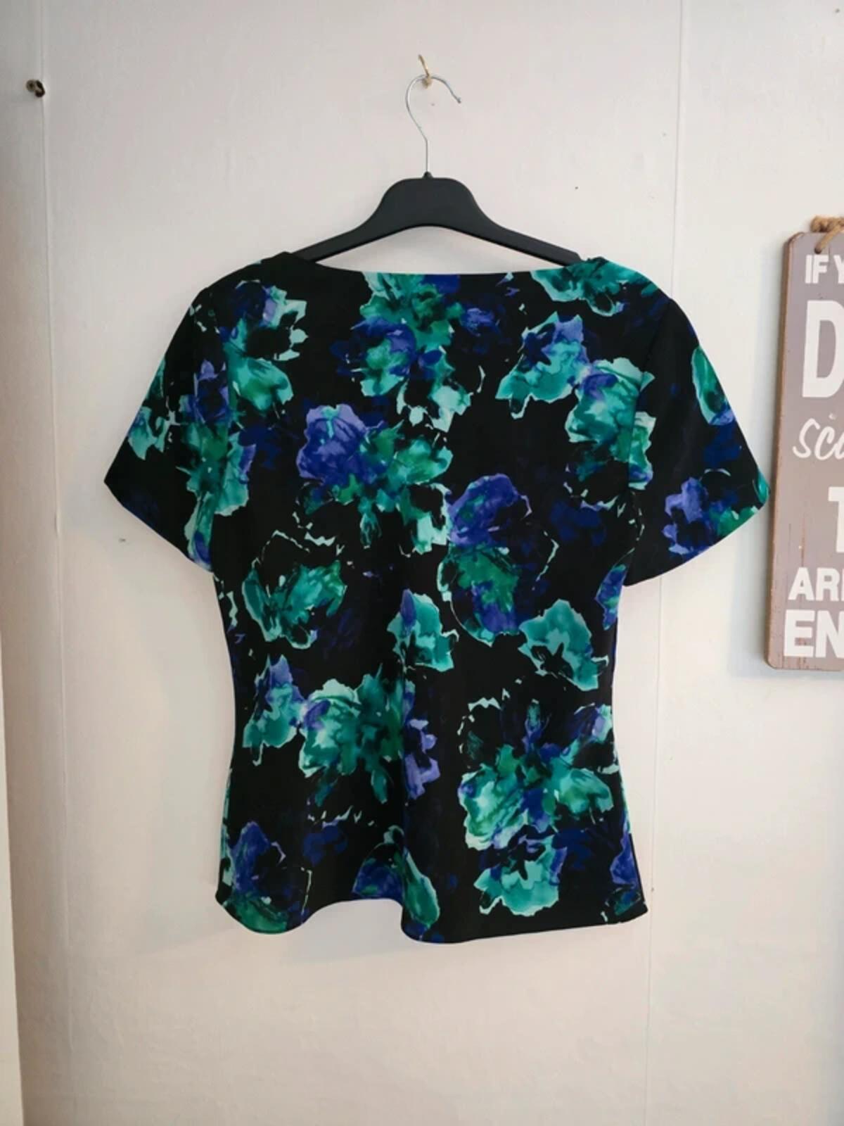 Jacques Vert Black Floral Short-Sleeved Lined Top Size 10