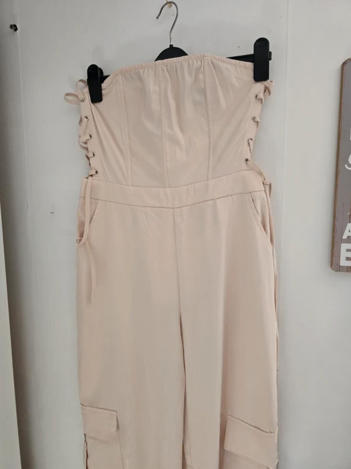 PrettyLittleThing Cream Bandeau Corset Cargo Jumpsuit Size 12