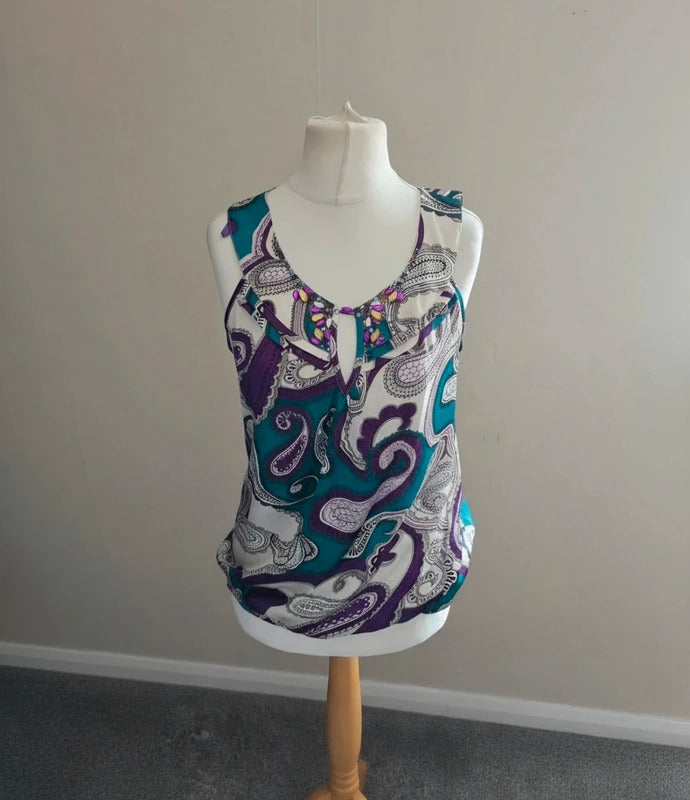 Wallis NWT Sleeveless Blouse Top  Size 10/12 Green Purple White Gem Embellished