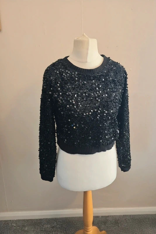 Primark Black Sequin Cropped Jumper Size 10