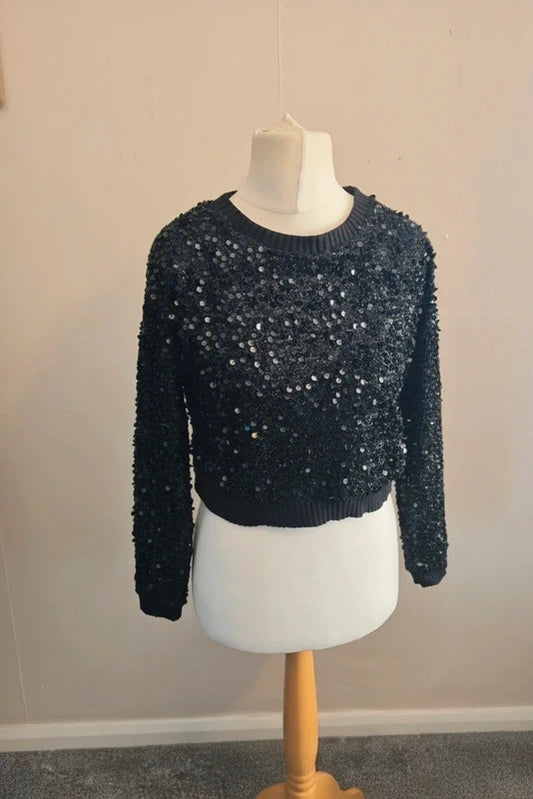 Primark Black Sequin Cropped Jumper Size 10