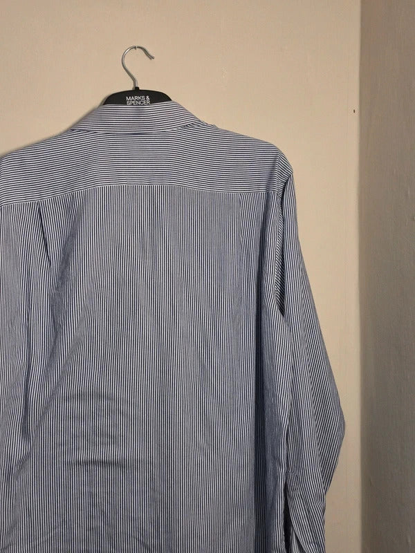 Marks & Spencer Mens Navy & White Striped Long Sleeve Shirt Regular Fit 17Collar