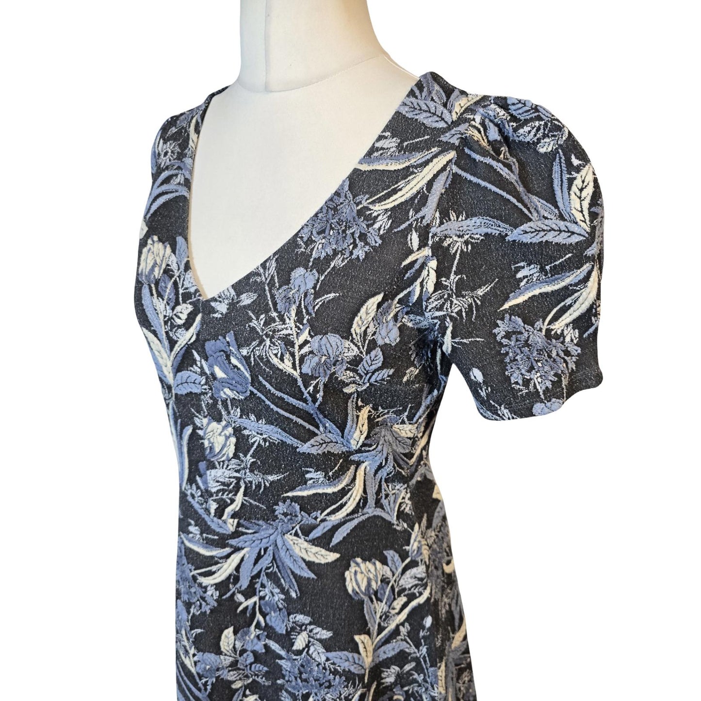Next Blue & Navy Floral Flared Knee-Length Dress Size 12 Reg Short Sleeve