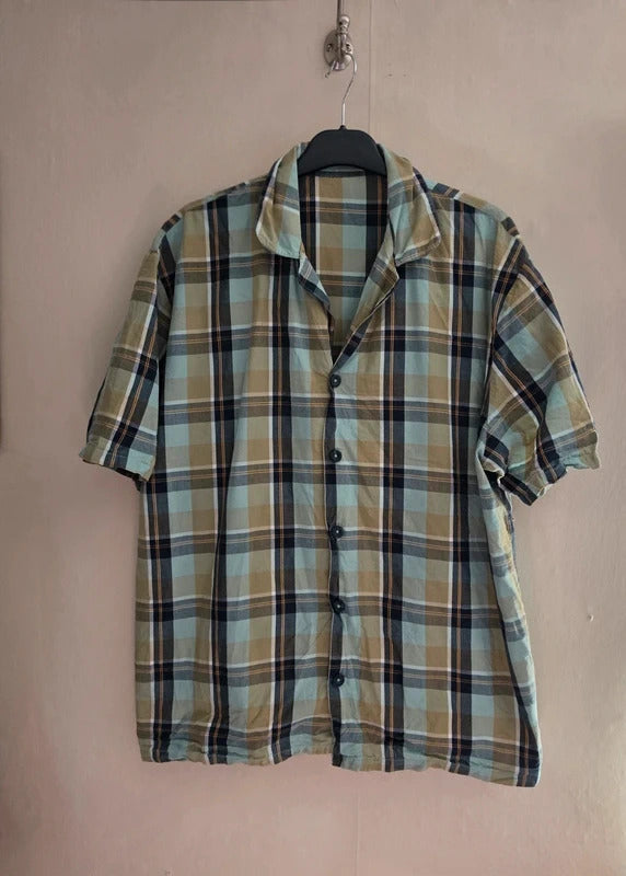 George Men's Green, Navy & Yellow Checked Short Sleeve Cotton Shirt Size Large