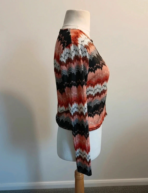 Missguided Orange, Cream & Brown Patterned Cropped Cardigan Top – Size 18