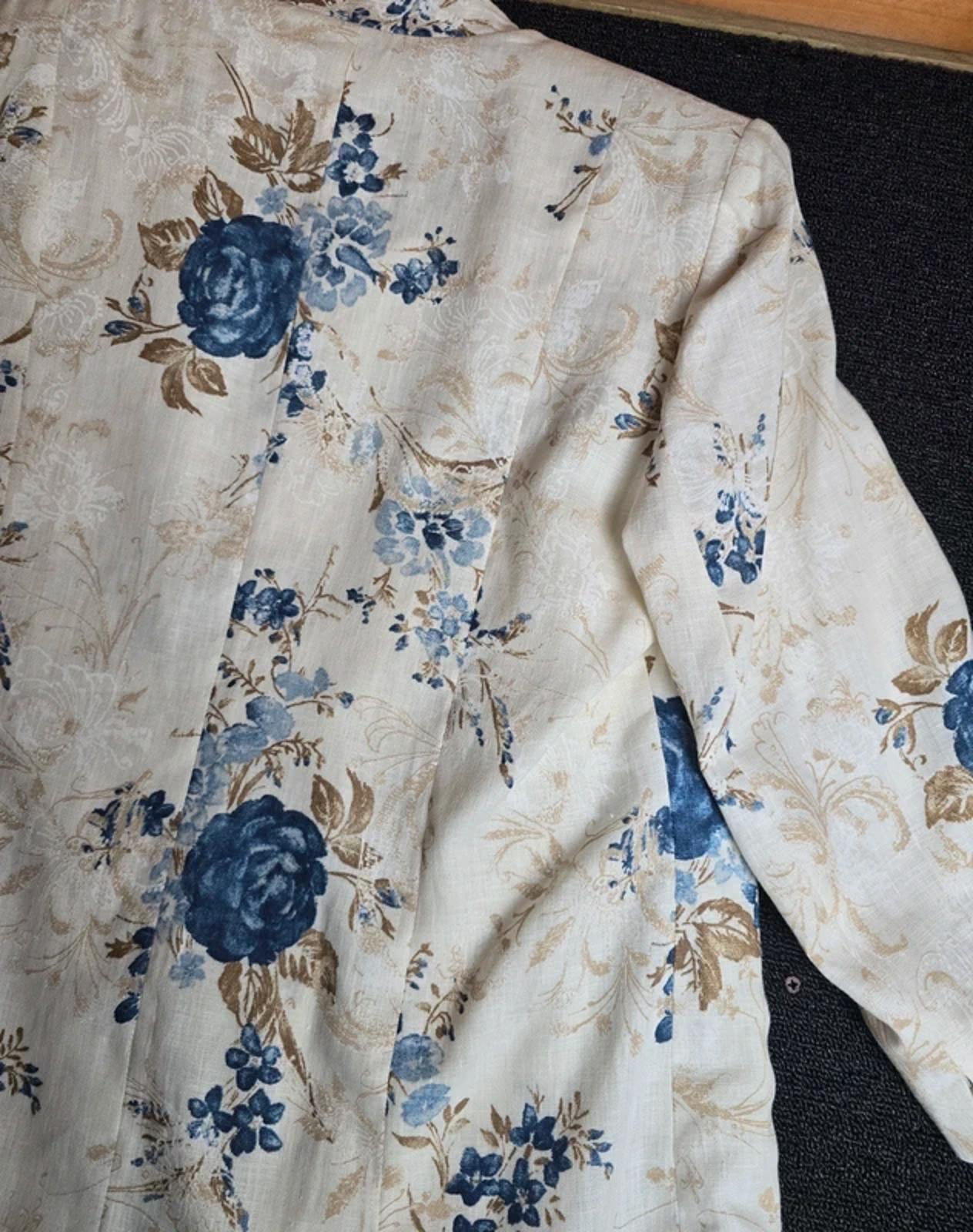 Bianco Mother of the Bride/Groom Cream Blue Floral Linen Dress & Blazer Set  Size 14