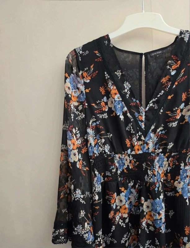 River Island Black Floral Sheer Bell Sleeve Playsuit Size 12