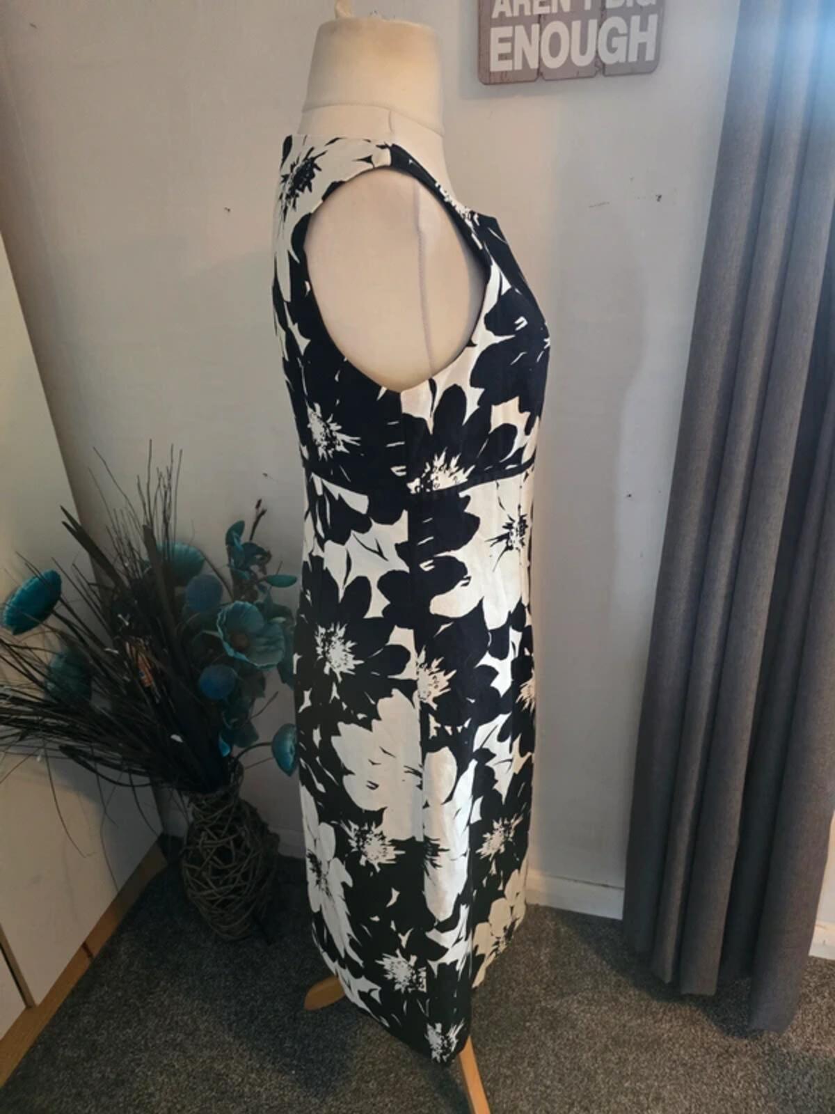 Laura Ashley Monochrome Cotton-Linen Floral Midi Dress Size 14