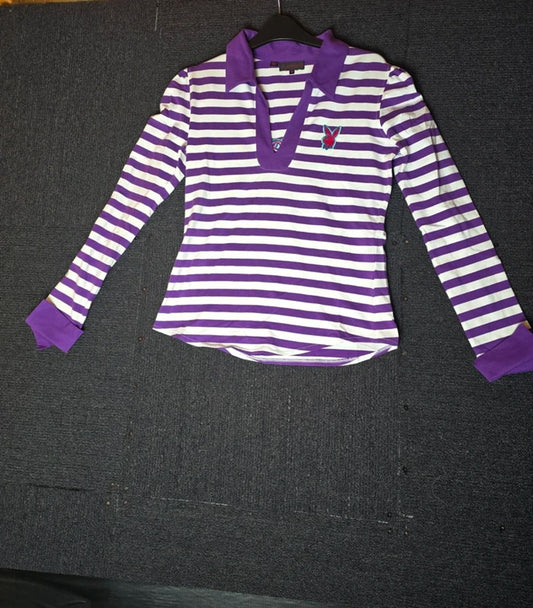 Vintage Playboy Y2K Striped Polo Top Size 12 Purple & White "Gorgeous" Slogan