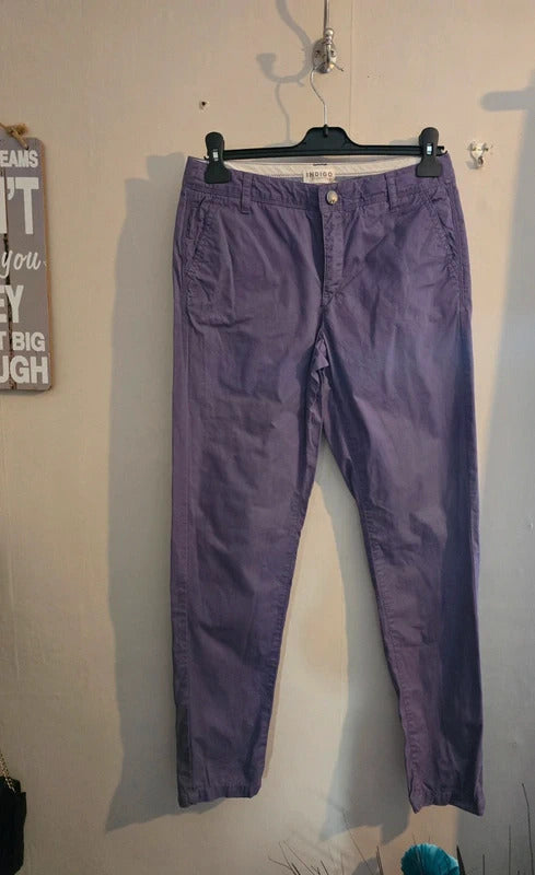 M&S Purple High Waisted Slim Leg 100% Cotton Cargo Trousers Size 8