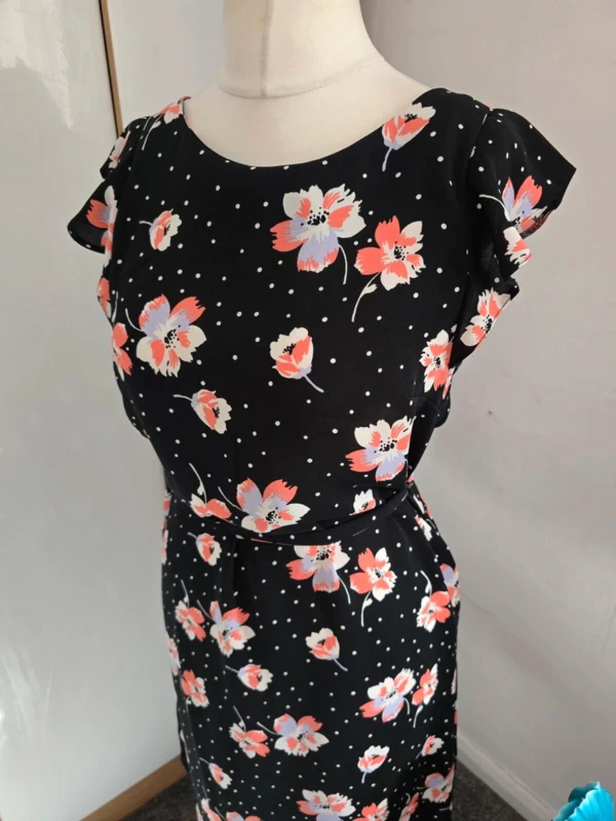 Roman Black Floral & Polka Dot Flared Midi Dress Size 10