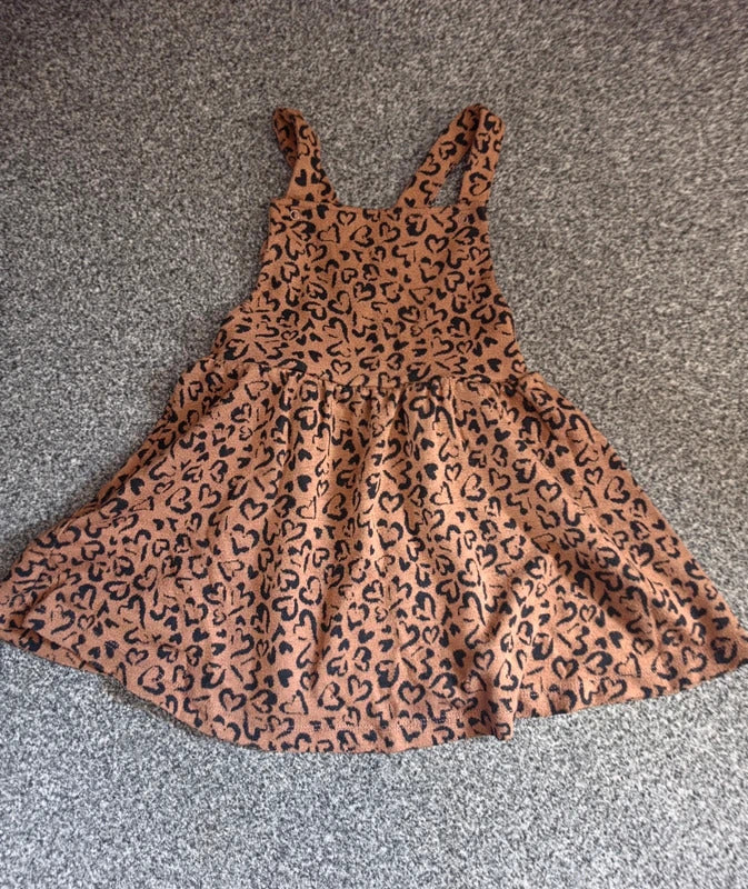 George Girls Brown & Black Heart Print Pinafore Dress – Age 3–4 Years