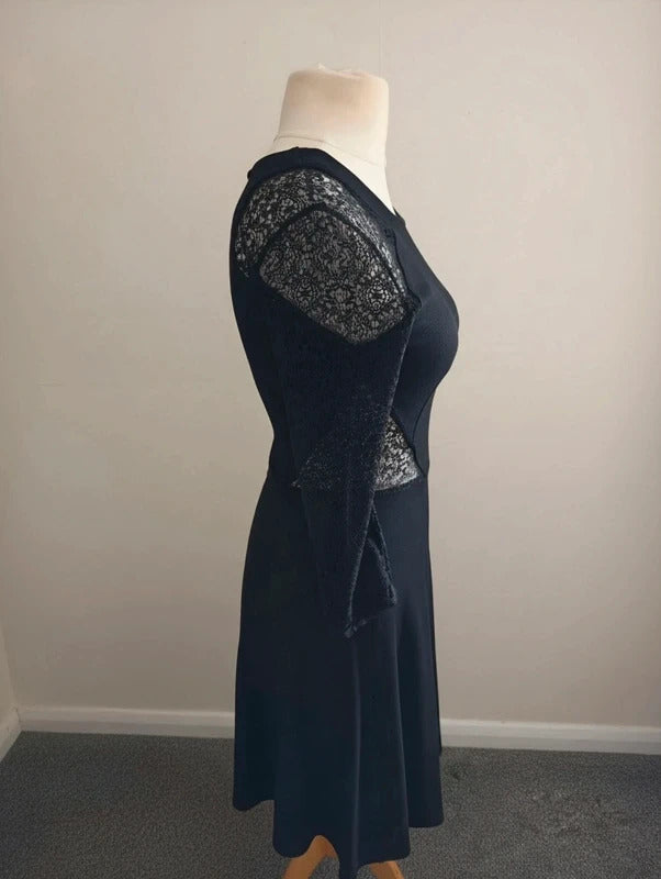 French Connection Black Lace Sleeve Dress – UK Size 10 – Elegant Fit & Flare