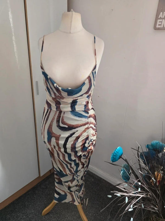 PrettyLittleThing Cream, Brown & Blue Patterned Midi Dress Size 12
