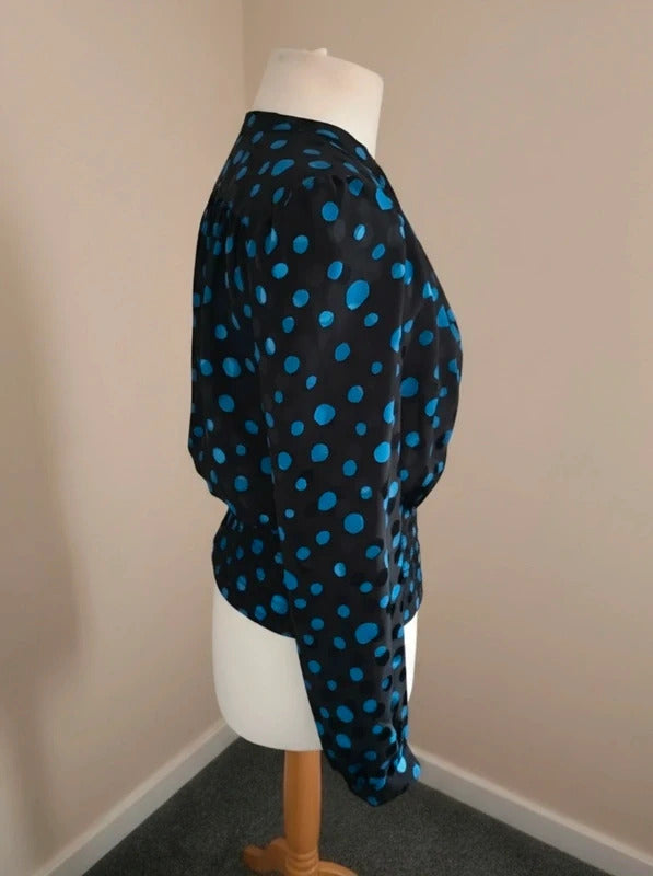 Vintage 1980s Parigi Black and Blue Polka Dot Blouse Size 8-10
