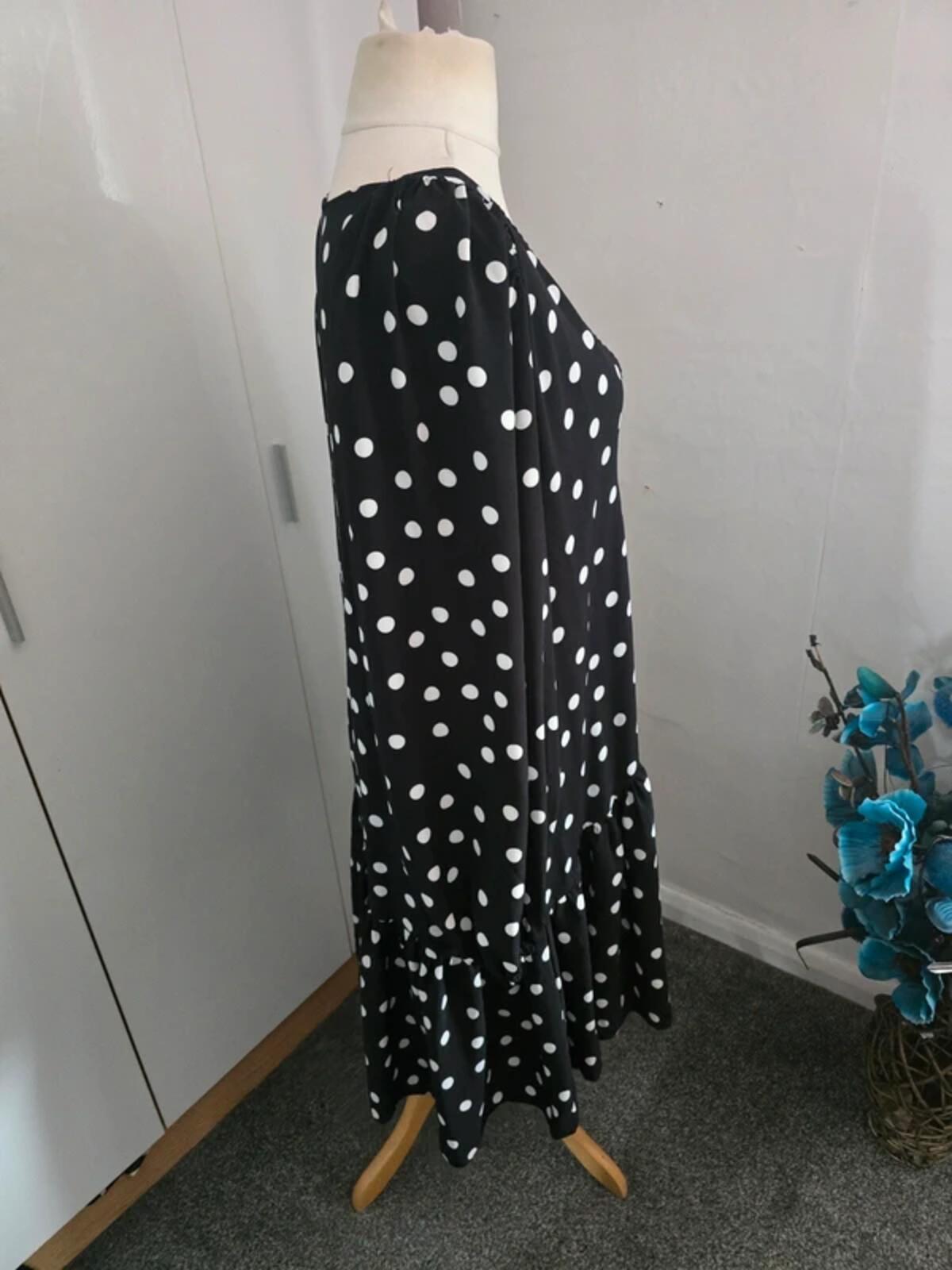 Edie B Black White Polka Dot Frill Dress Long Sleeve V Neck Size 18