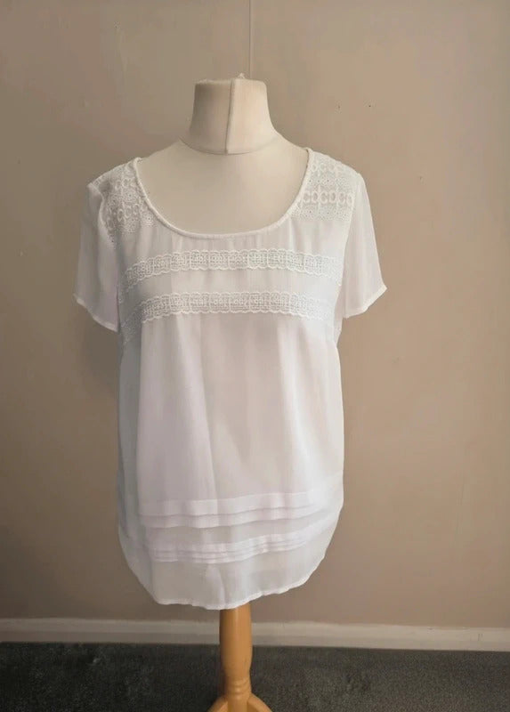 Per Una White Lace Detail Short Sleeved Sheer Blouse Size 14
