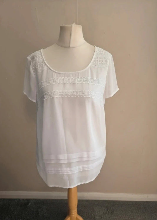 Per Una White Lace Detail Short Sleeved Sheer Blouse Size 14