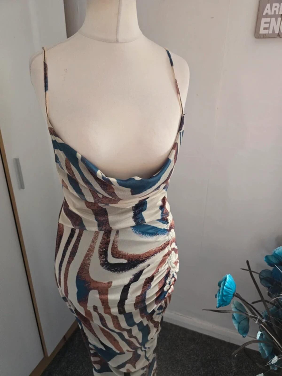 PrettyLittleThing Cream, Brown & Blue Patterned Midi Dress Size 12