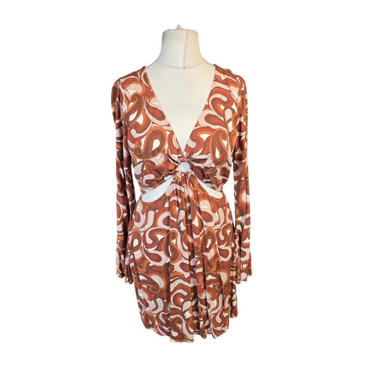 Hollister Dress Orange Brown Print Size 10 Boho Cut Out Mini