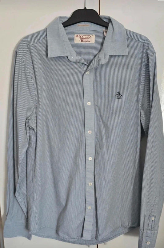 Men's penguin Heritage slim fit long sleeved striped blue shirt size Med