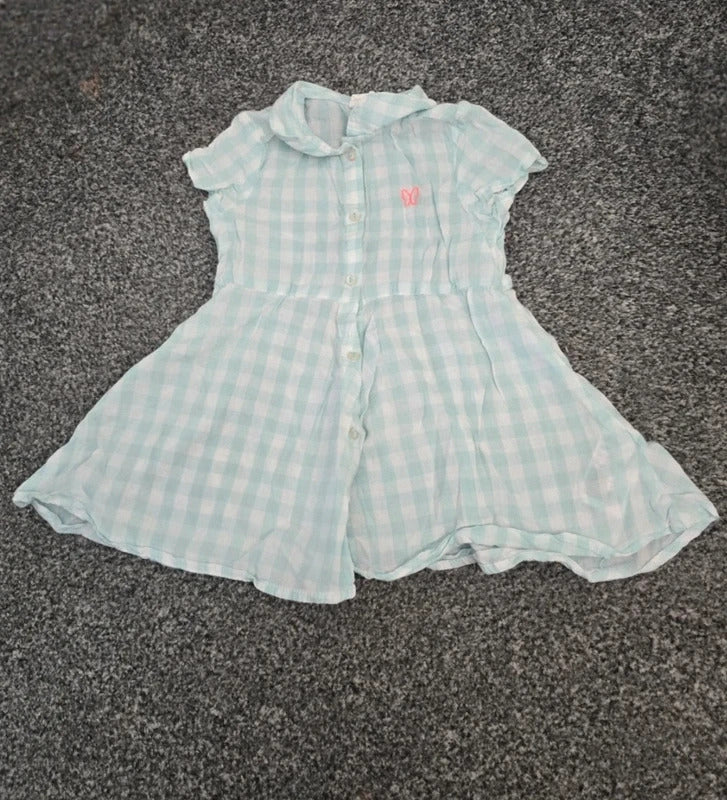 H&M Girls Mint Green & White Checked Collared Summer Dress Age 12-18 Months