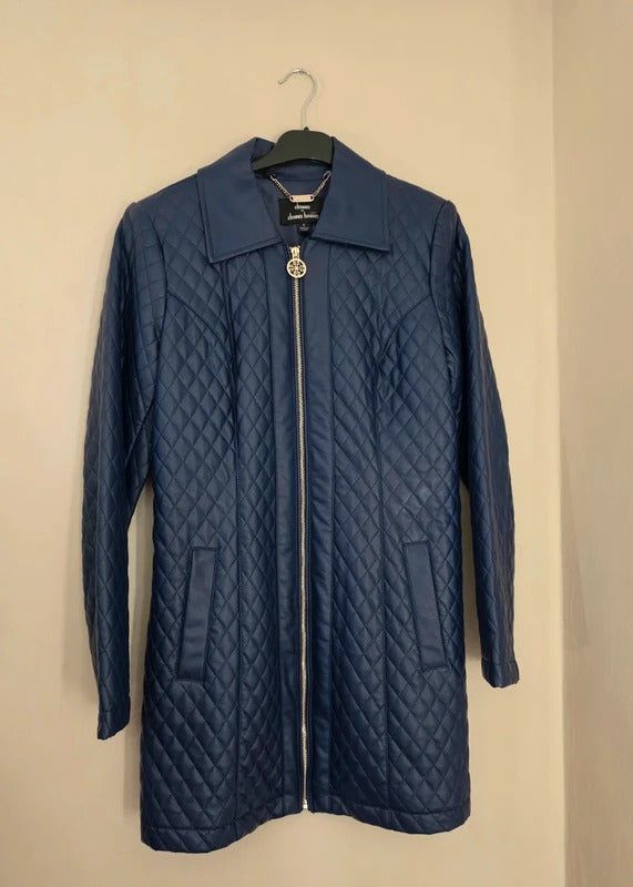 Dennis Basso Navy Blue Quilted Faux Leather Long Jacket Coat Small Size 8-10