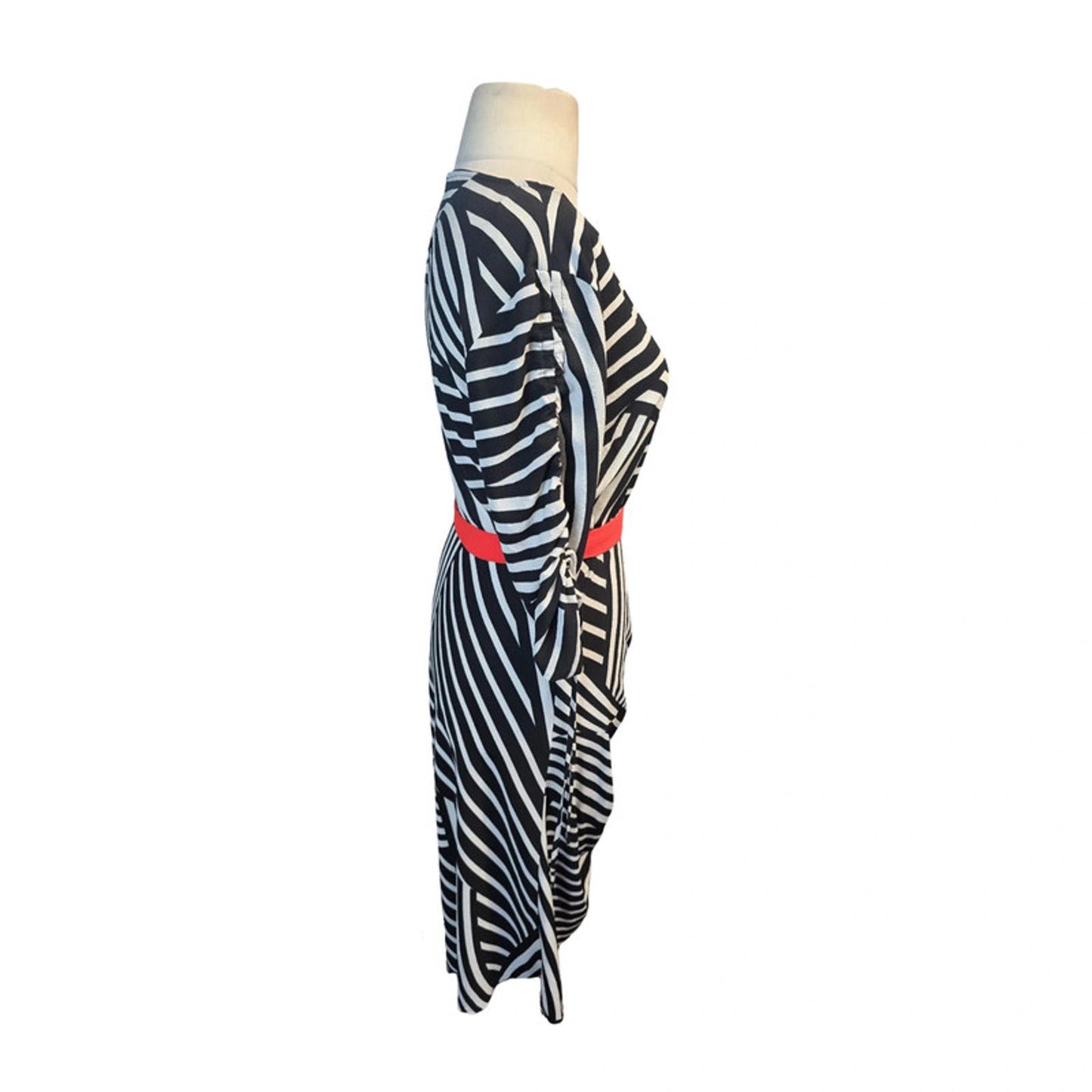 Studio by Preen Stripe Midi Dress Black White Size 12 Ruched Detail & Red Belt