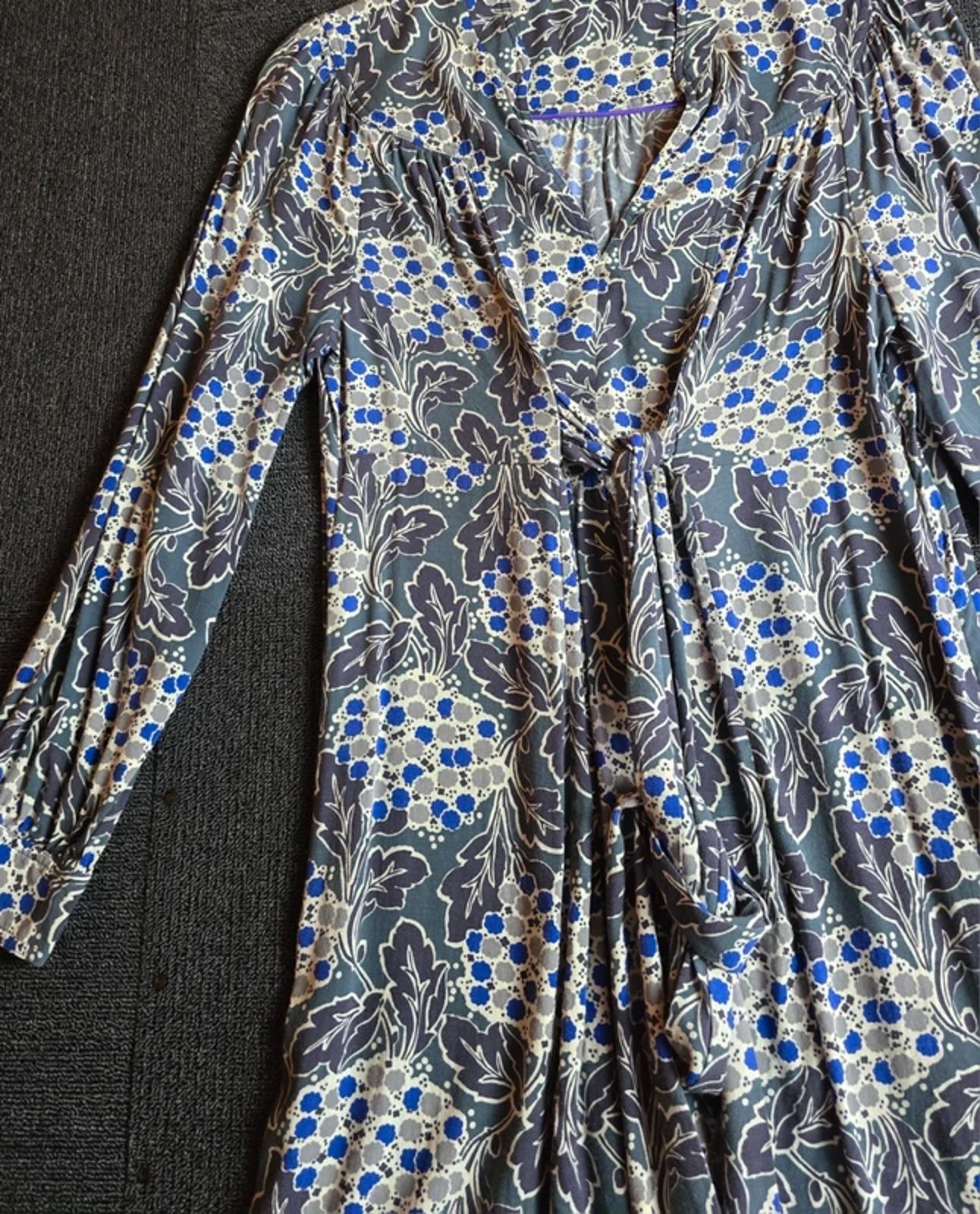 Boden Midi Dress Green & Blue Floral Size 12Reg Tie-Waist Causal