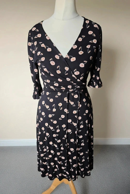 French Connection Black & Pink Floral Midi Dress – Size 10