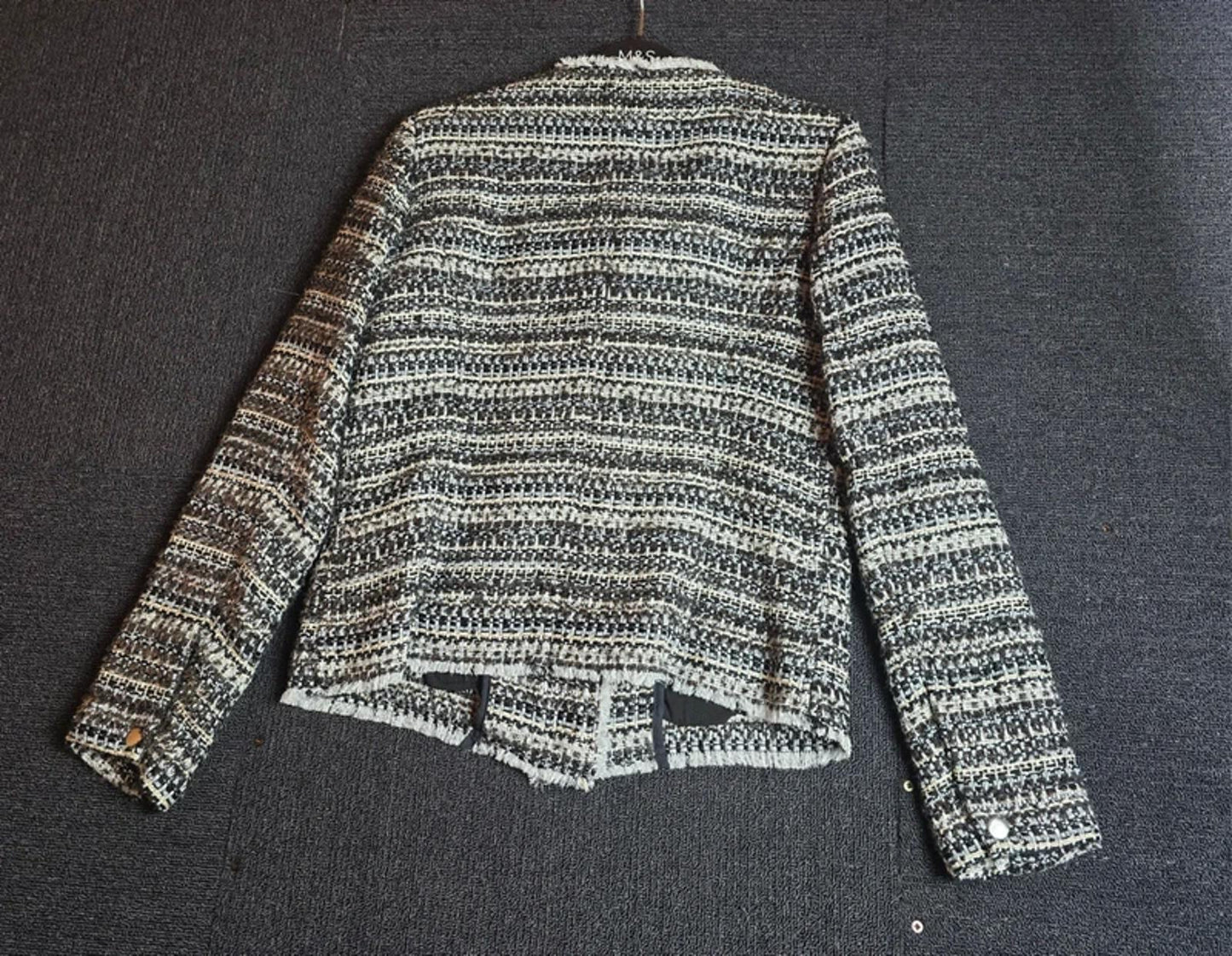 Next Tailoring Tweed Blazer Size 10 Black White Silver Frayed Trim Zip Front
