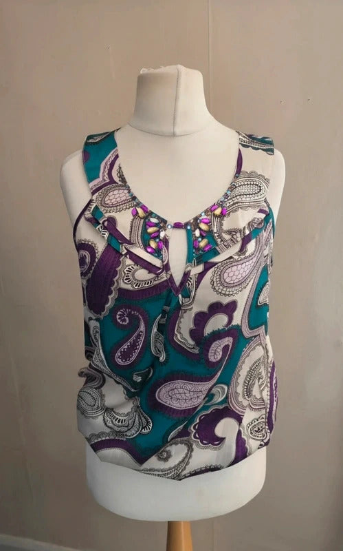 Wallis NWT Sleeveless Blouse Top Med Size 10-12 Green Purple White  Embellished