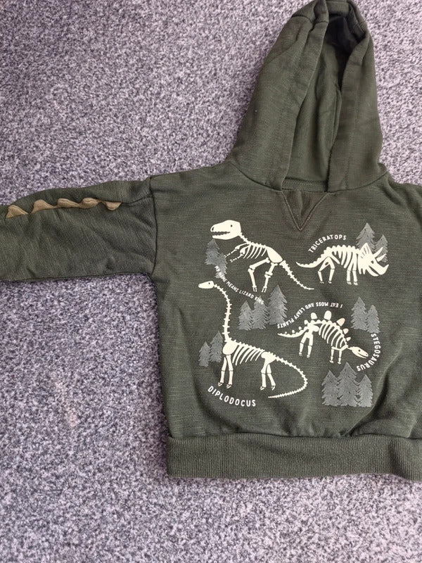 Primark Baby Boys Green Dinosaur Skeleton Hoodie 3D Spike Sleeve 9-12 Months