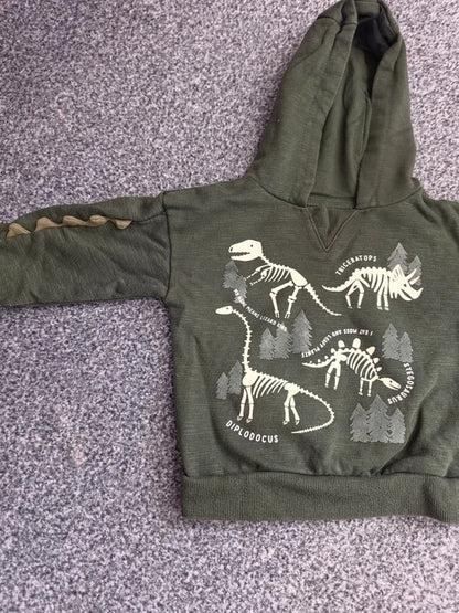 Primark Baby Boys Green Dinosaur Skeleton Hoodie 3D Spike Sleeve 9-12 Months