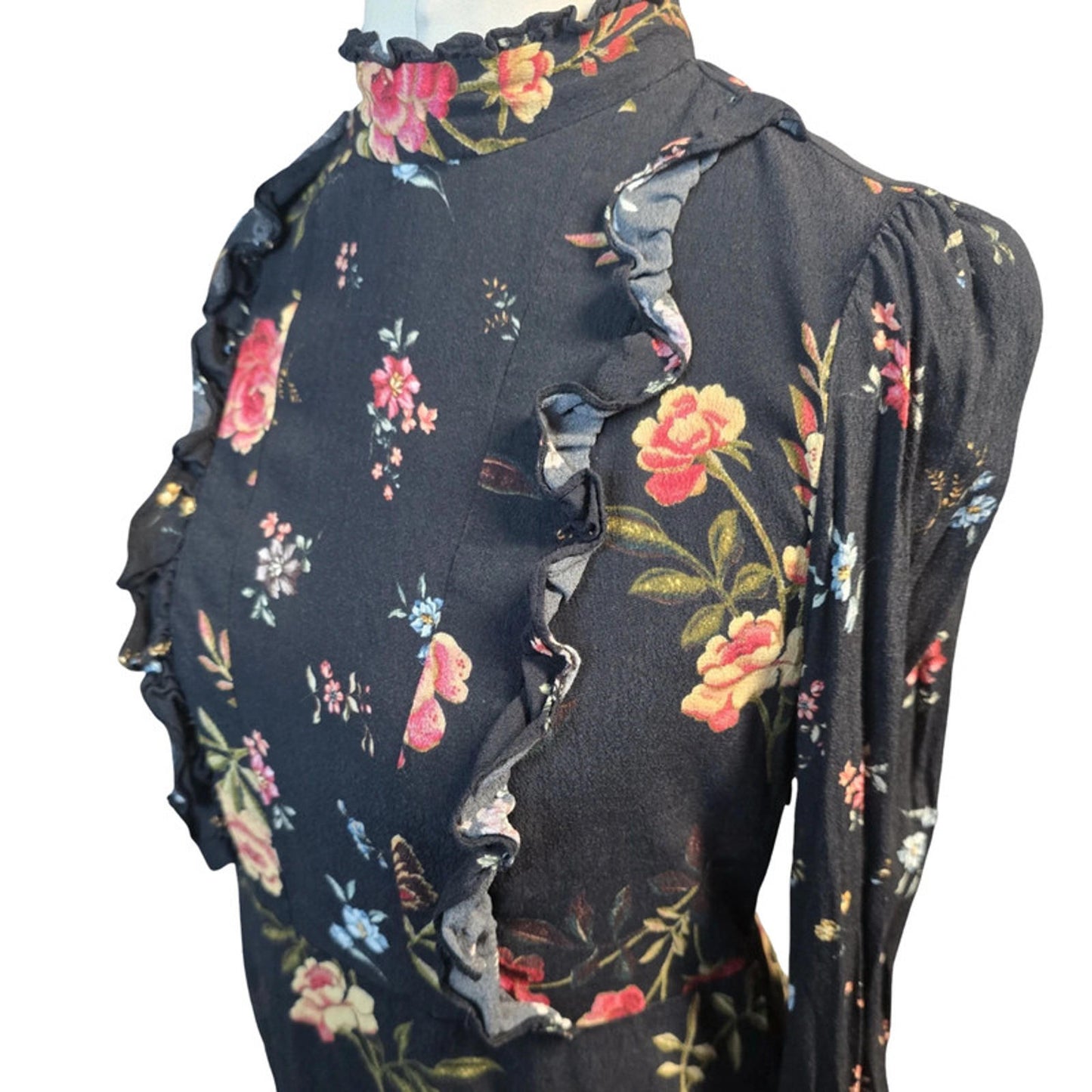 Zara Black Floral Mini Dress  L UK Size 12 Long Sleeve Lace Back Frill Detail