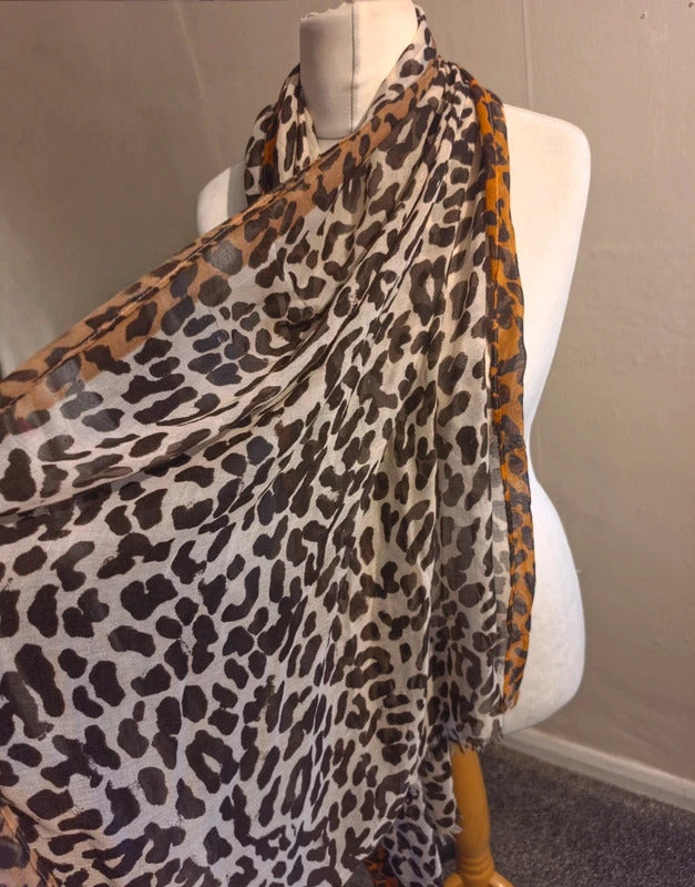 Beige & Brown Leopard Animal Print Lightweight Scarf One Size