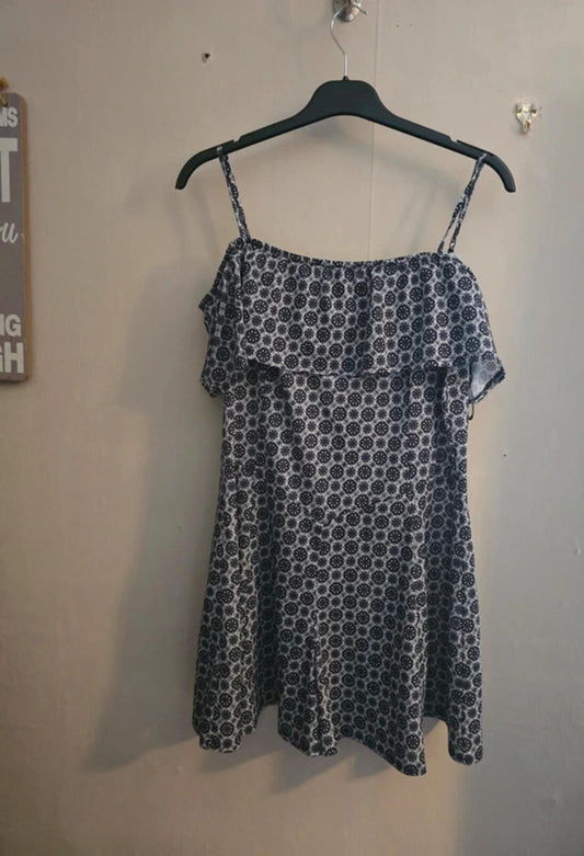 Miss Selfridge Navy White Playsuit Size 12 Cold Shoulder Floral Flared Playsuit