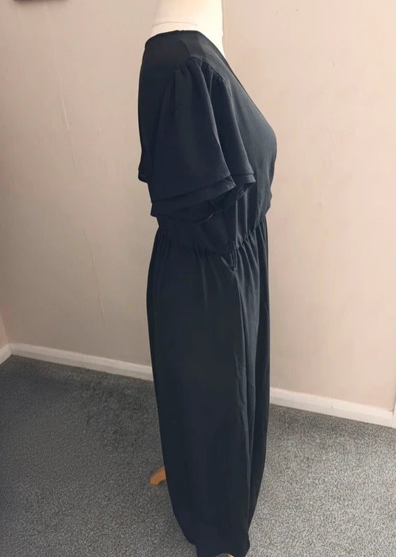 Shein Droimp Black V-Neck Wrap Short Sleeved Maxi Dress  XL Size 16