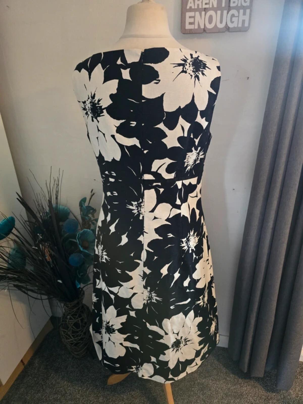 Laura Ashley Monochrome Cotton-Linen Floral Midi Dress Size 14