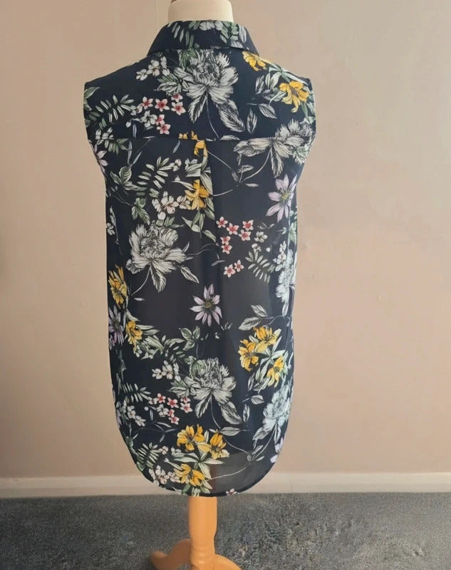 H&M Black Floral Sheer Sleeveless Dip-Hem Blouse Size UK 6-8 (EUR 34)