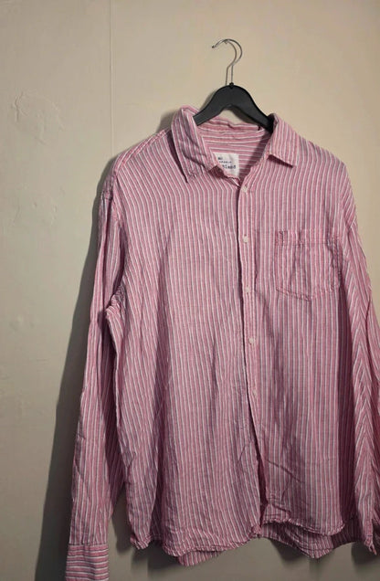 Men's M&S Blue Harbour Pink White Striped Linen Cotton Shirt Size XL