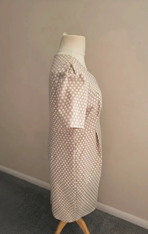 Pure Collection Beige White Polka Dot Tailored Short Sleeved Midi Dress Size 14