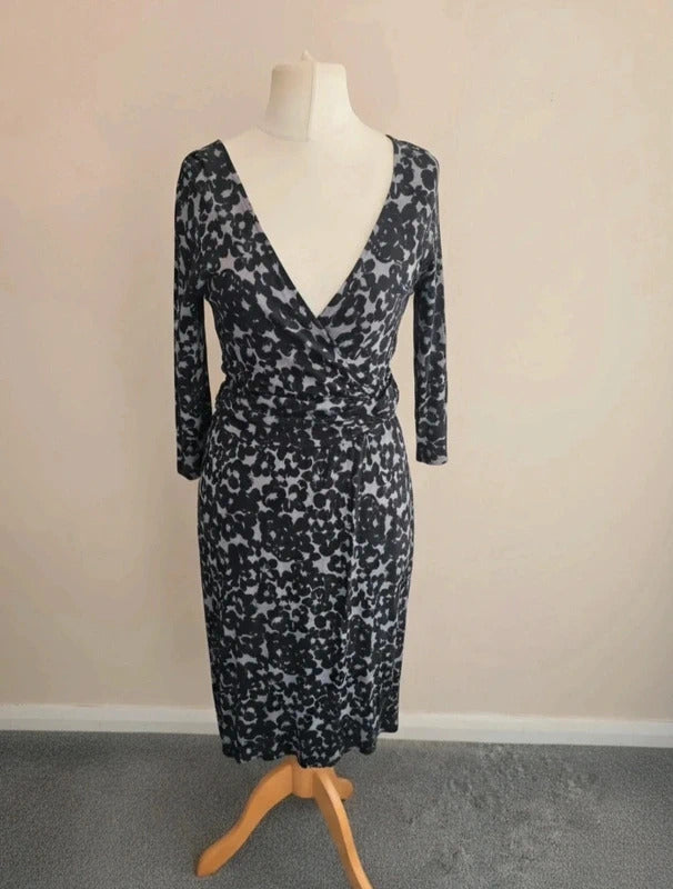 Monsoon Women's Black & Grey Floral Wrap-Front Midi Dress Size 12