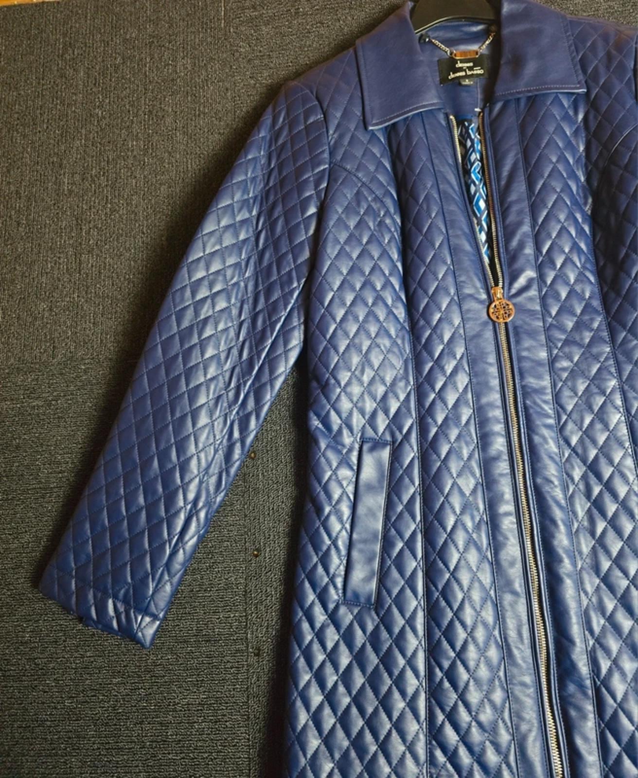 Dennis Basso Quilted Faux Leather Jacket Blue S Size 8/10 Mid Length Zip Up