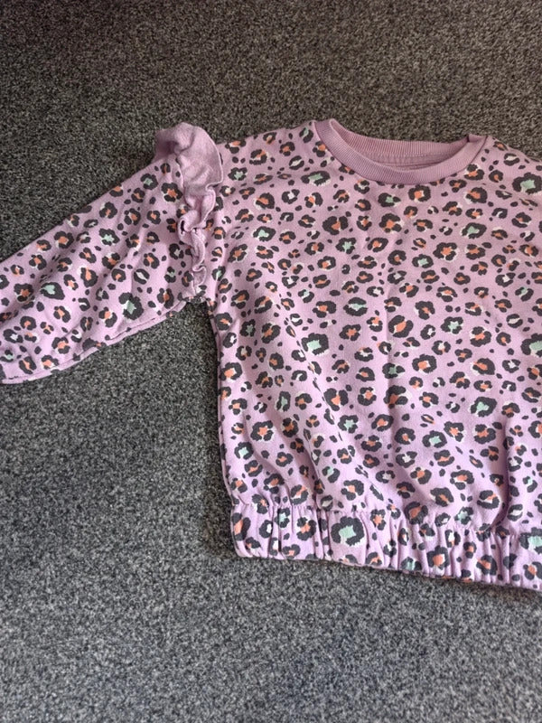 Matalan Girls Purple Leopard Print Frill Shoulder Jumper – Age 3–4 Years