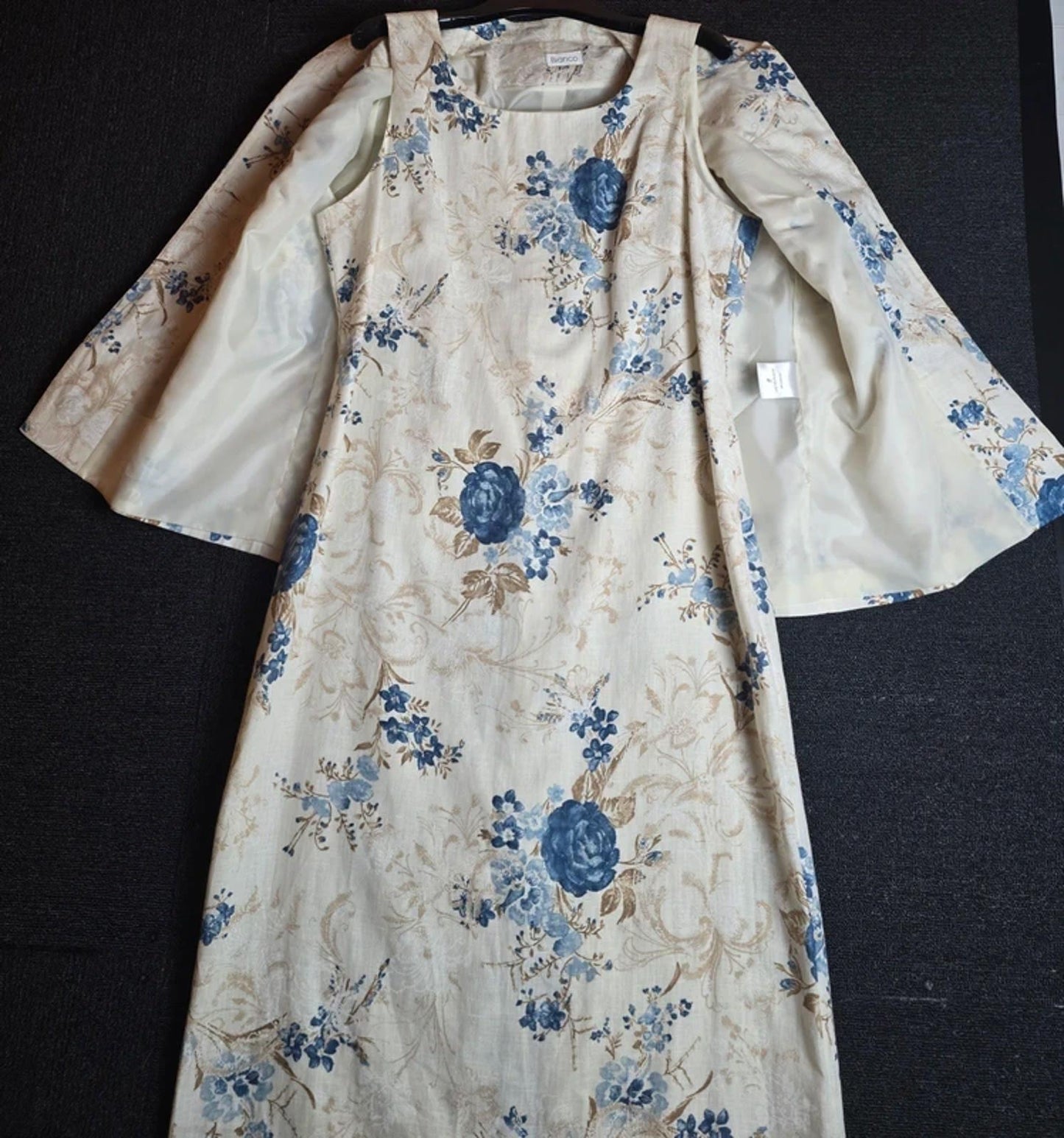 Bianco Mother of the Bride/Groom Cream Blue Floral Linen Dress & Blazer Set  Size 14