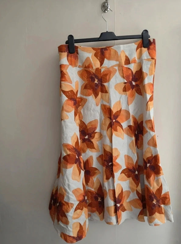 Kaliko Orange & Cream Floral 100% Linen Lined Midi Skirt Size 16