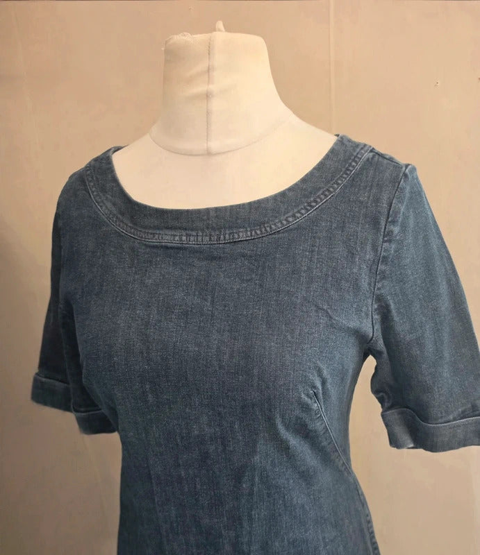 Boden Denim Blue Round Neck A-Line Knee Length Dress Size 12 Regular